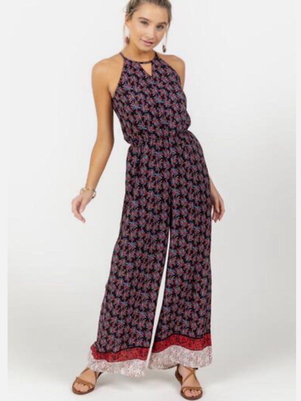 Francesca’s Mi Ami Lisbeth Border Floral Halter Wide-Leg Jumpsuit